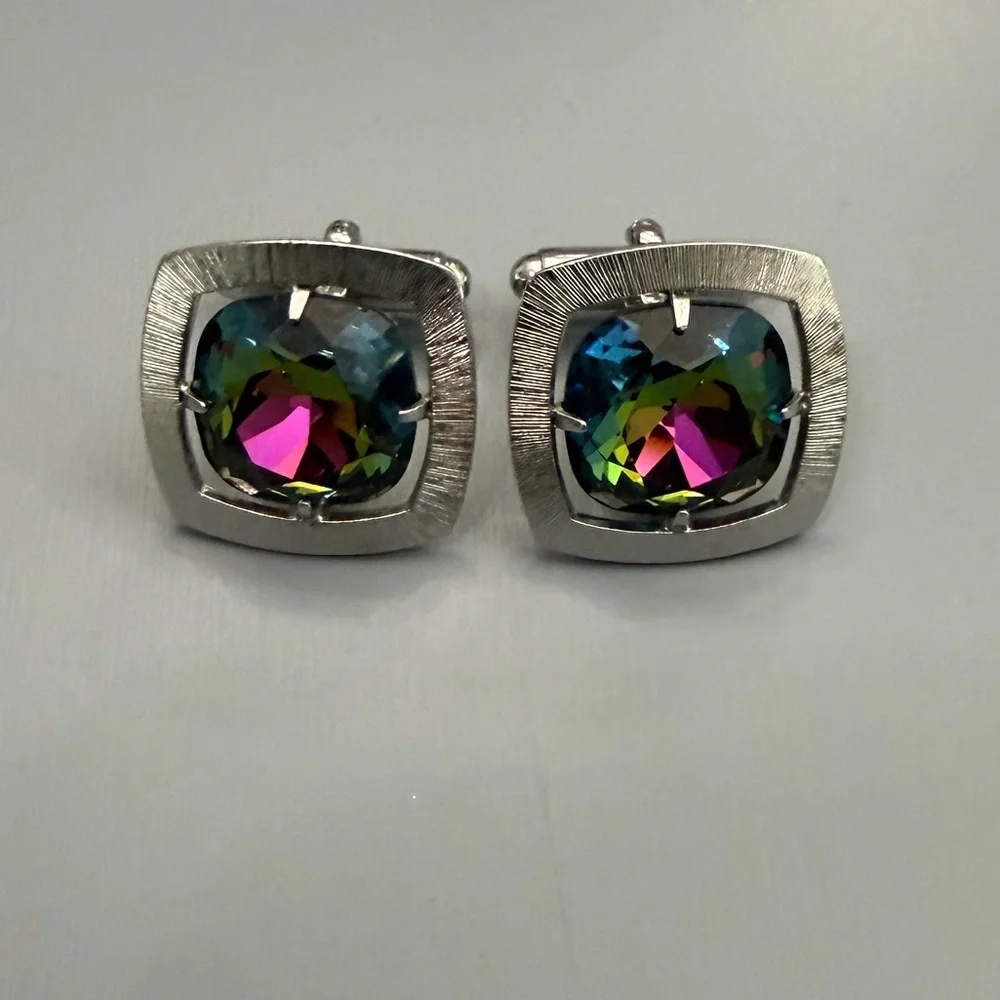 Vintage Anson Silver Set Watermelon Rhinestone Mid Century Modern Cufflinks